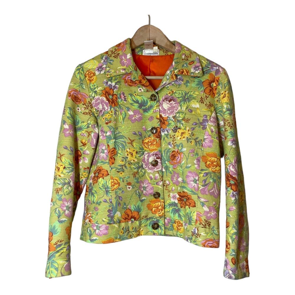 Coldwater Creek Vintage Floral Blazer Jacket Green Art to Wear Colorful Small